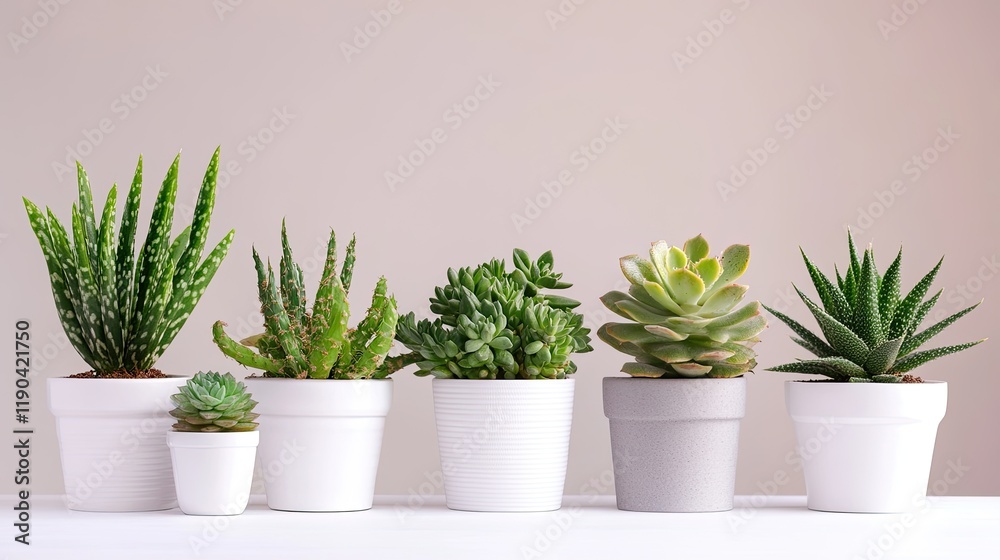 Assorted Succulents Planted In White And Grey Pots Assorted Succulents Planted In White And Grey Pots