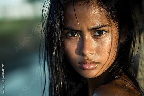 Intense Gaze  Woman  Wet Hair  Closeup Portrait