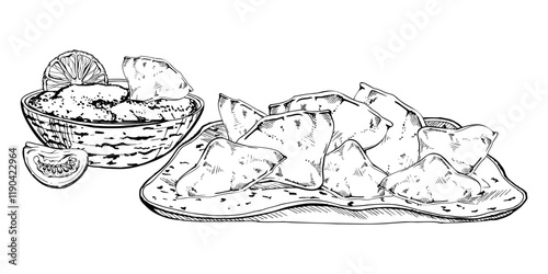 Mexican food guacamole salsa sauce, tomato lemon lime citrus, nacho corn chips on ceramic plate. Hand drawn ink vector isolated illustration. Design travel brochure, restaurant bar menu, recipe book