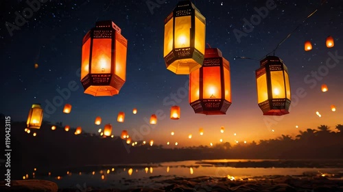 Animated floating lanterns illuminating the sky during a Diwali celebration, full of light and hope