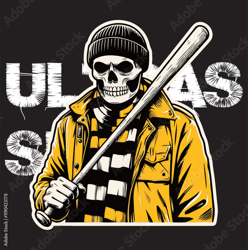 illustration vector graphic of Skull head Football fans ultras hooligan wear yellow jacket with black white scarf design for logo, t-shirt, etc