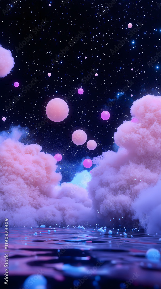 Fototapeta premium Ethereal clouds and colorful spheres in a surreal night sky over a tranquil body of water