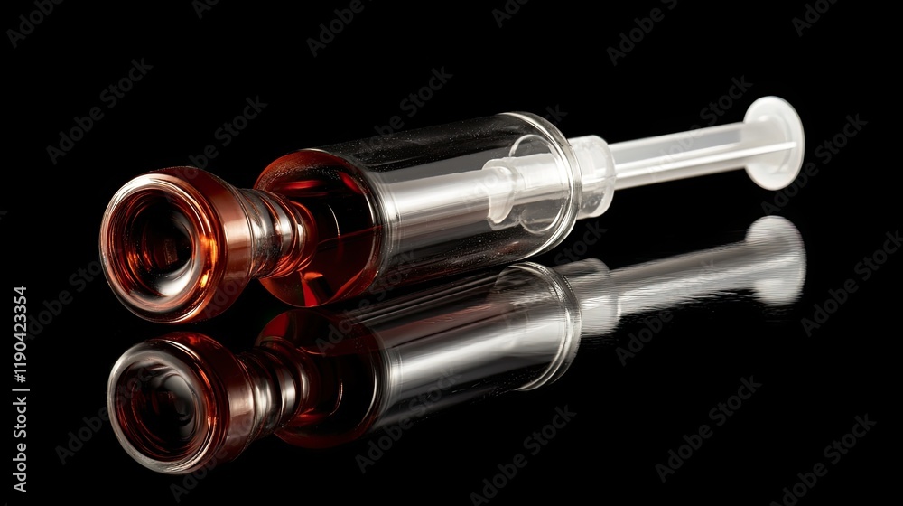 Glass Syringe Filled With Amber Liquid Reflects Glass Syringe Filled With Amber Liquid Reflects