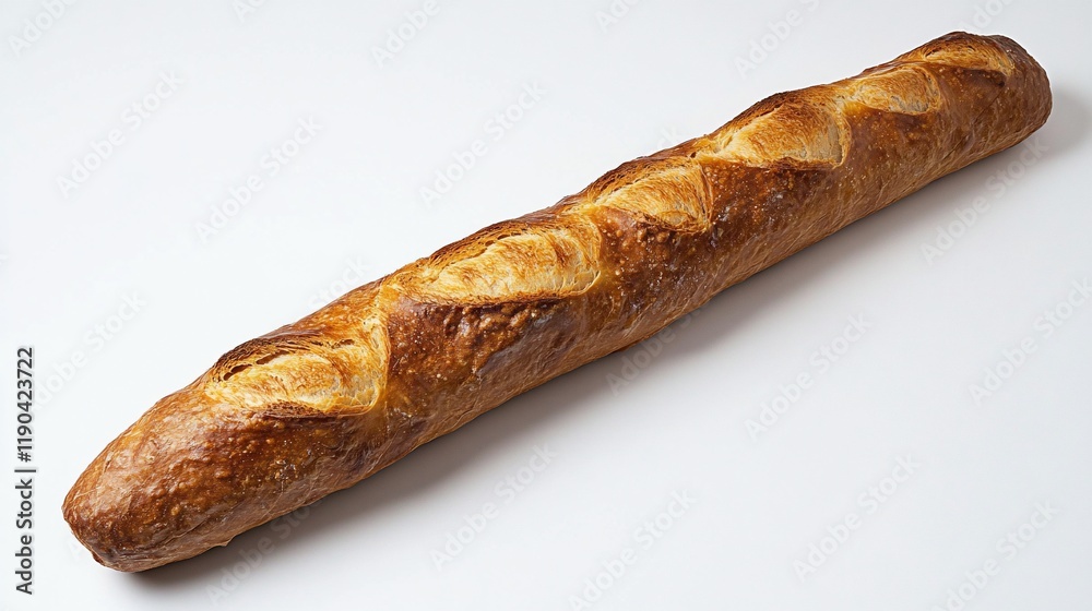A long, crusty baguette loaf of bread on a white background. A long, crusty baguette loaf of bread on a white background.