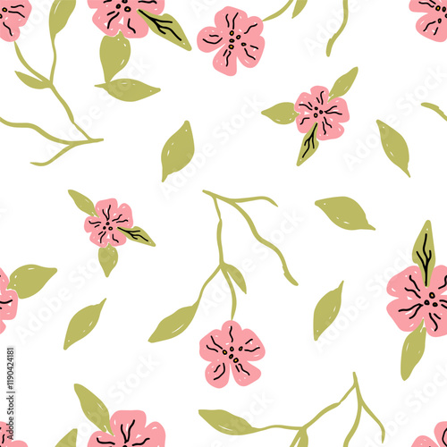 Hand drawn floral pattern with pink flowers and green leaves on a white background nature beauty vector illustration