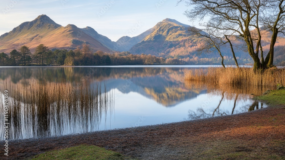 Fototapeta premium Mountain lake reflects serene autumn landscape