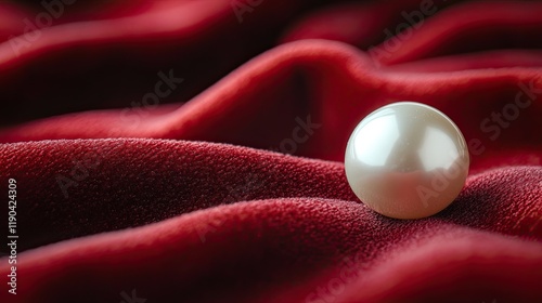 Single pearl resting on plush red velvet fabric.  photo