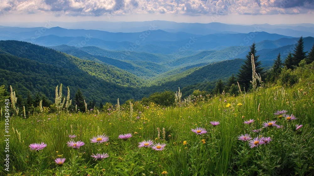 Obraz premium Mountain Meadow Wildflowers Panorama Blue Ridge Views