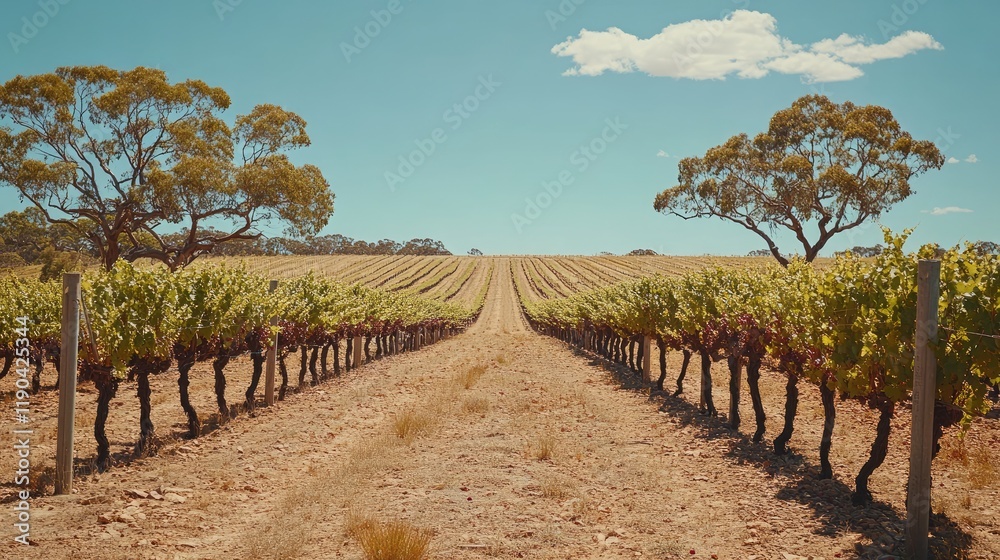 Obraz premium Vineyard Rows Stretch Towards Distant Trees Under Blue Sky