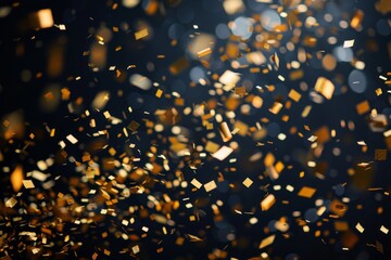 A photo of golden confetti falling against a dark background, Playful gold confetti scattered on a dark background