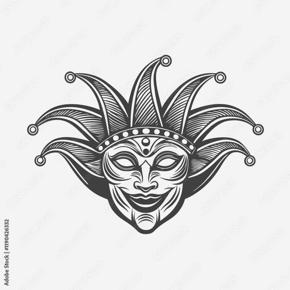 Obraz premium Happy carnival festive concept with musical trumpet mask. Carnival mask Vector Hand Drawn Illustration Isolated On Transparent Background