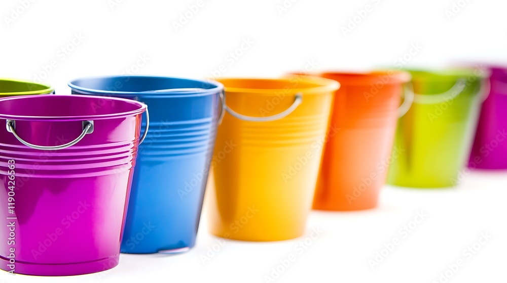 High-definition image of metal buckets with vibrant colors and sleek finishes, isolated on white High-definition image of metal buckets with vibrant colors and sleek finishes, isolated on white