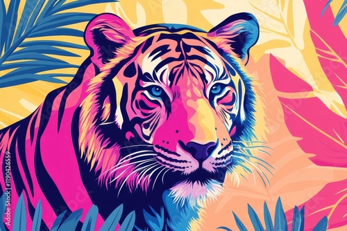 Colorful Tiger Portrait with Geometric Patterns photo