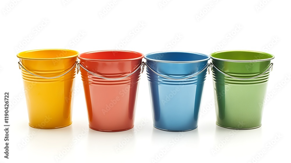 High-definition image of metal buckets with vibrant colors and sleek finishes, isolated on white High-definition image of metal buckets with vibrant colors and sleek finishes, isolated on white
