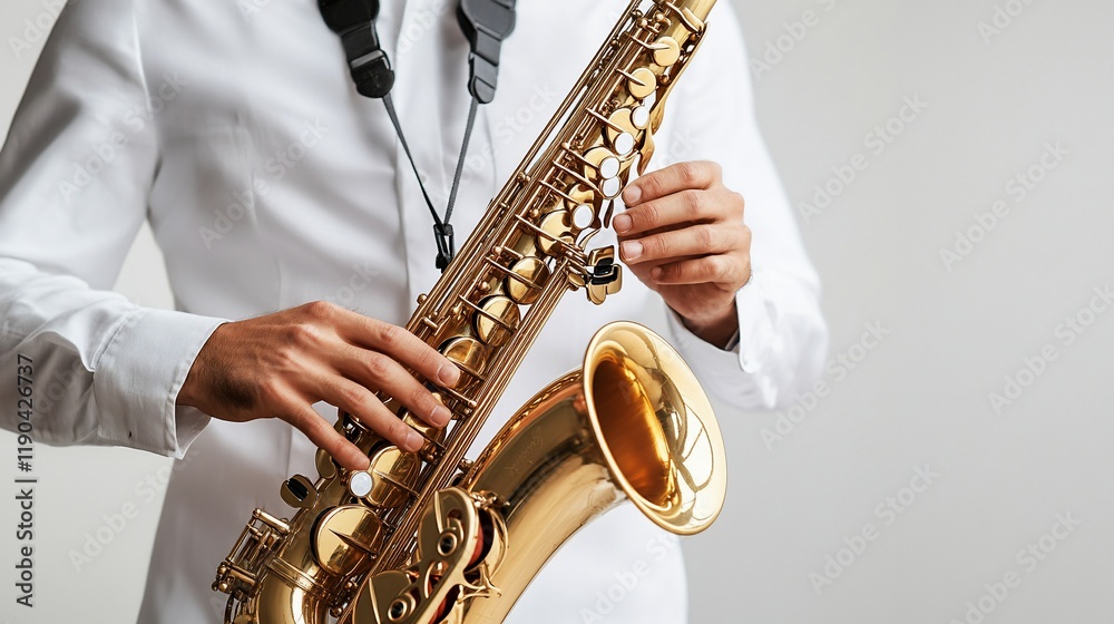 Fototapeta premium Close-up of a person playing a gold alto saxophone.