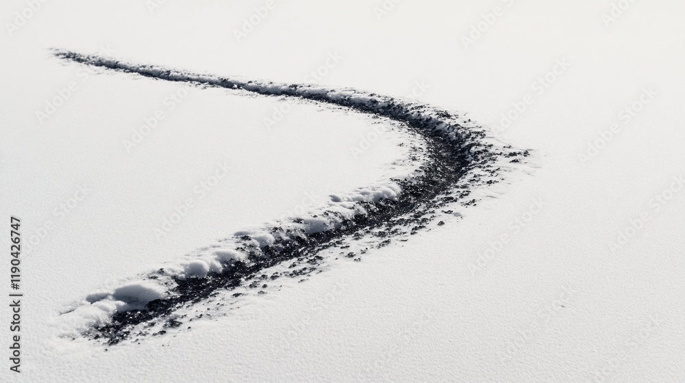 Fototapeta premium Curved dark trail in pristine snow.