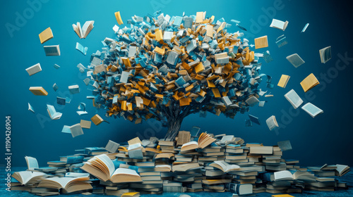 Books swirl around a tree creating a vibrant literary scene in a surreal, imaginative landscape