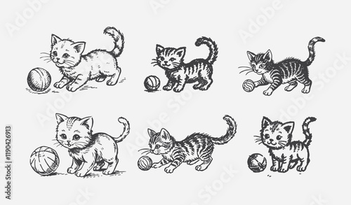 Set of  little kitten playing with balls isolated on a white background. Kitten playing with a ball of yarn vector cartoon illustration isolated on white background