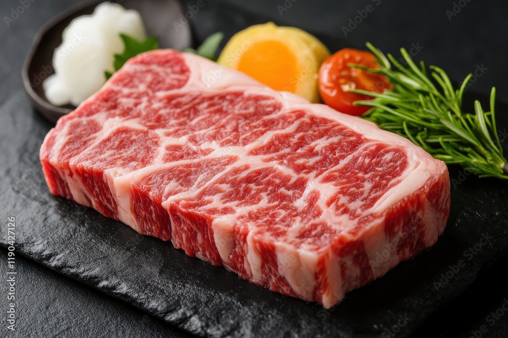 Raw marbled beef steak with garnishes on slate plate for cooking preparation Raw marbled beef steak with garnishes on slate plate for cooking preparation