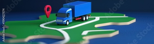 A blue truck parked on a green island, indicating location with a red pin, representing logistics and transportation.
