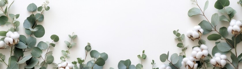 Delicate border of eucalyptus stems with scattered cotton flowers, open circular frame, serene style on white