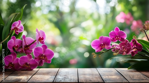 Wooden table with pink orchids in lush tropical garden