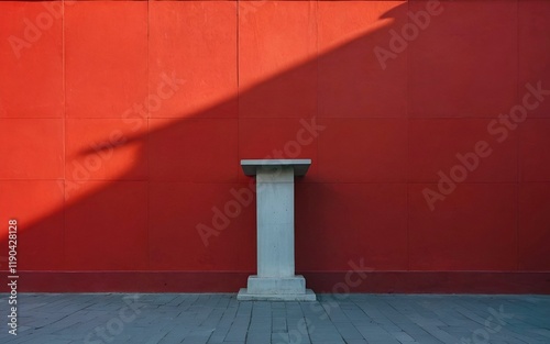 imple red wall and pedestal create a minimalistic background in stock photo photo