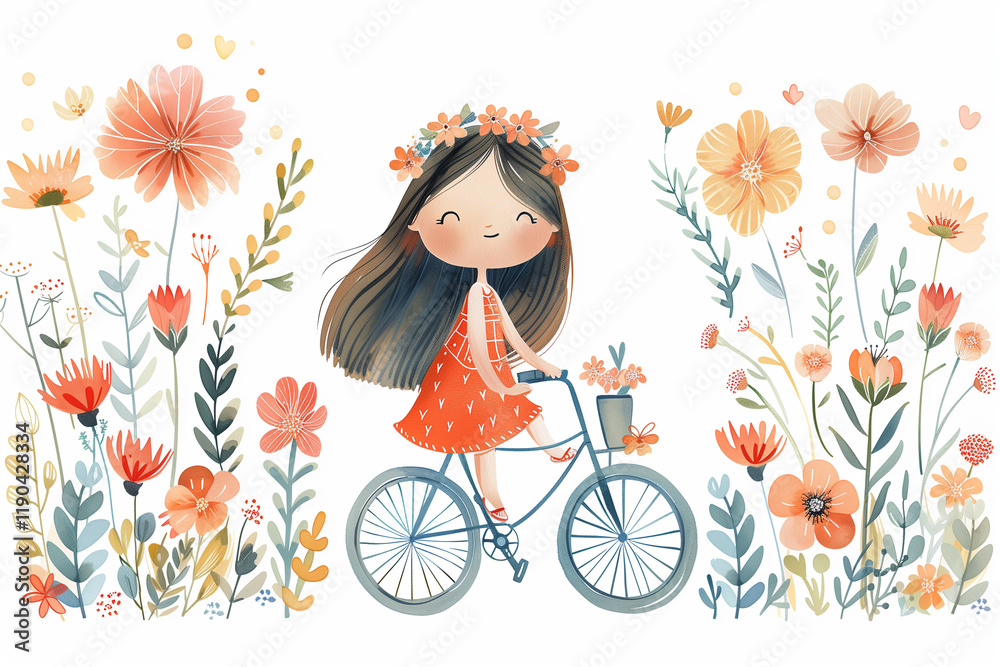 A charming illustration of a girl riding a bicycle surrounded by colorful flowers, perfect for childrens products and spring-themed designs A charming illustration of a girl riding a bicycle surrounded by colorful flowers, perfect for childrens products and spring-themed designs