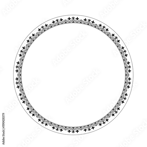 Round frame with black and white floral ornament on white background. European ornament. Border, frame, circle, ring Ancient Greece, Roman Empire. For household utensil, textile, embroidery, porcelain