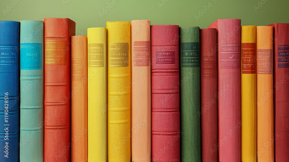 Colorful collection of ancient books arranged neatly on a shelf showcasing various spine designs with vibrant hues Colorful collection of ancient books arranged neatly on a shelf showcasing various spine designs with vibrant hues