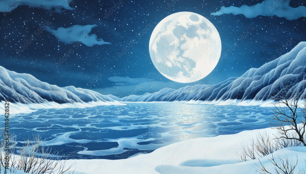 Fototapeta premium Moonlit winter landscape with frozen lake