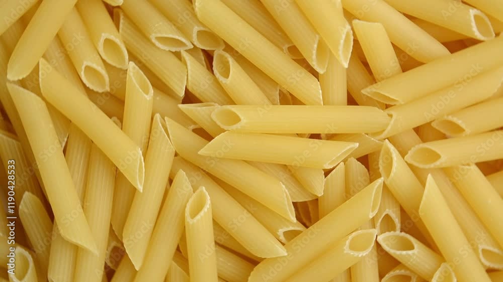 Raw Italian Pasta , Spinning. Penne Rigate. Top View. Raw Italian Pasta , Spinning. Penne Rigate. Top View.