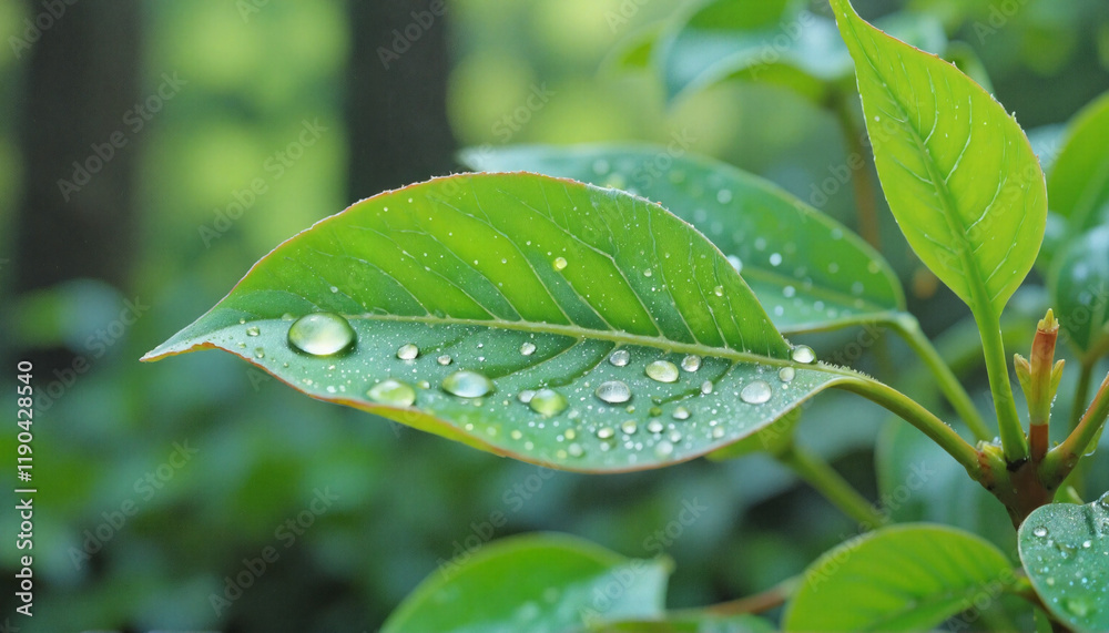 Fototapeta premium Green leaf with water droplets on blurred forest background