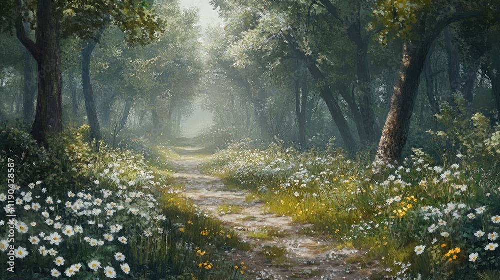 Obraz premium Woodland Path Enchanting Flowery Forest Scene