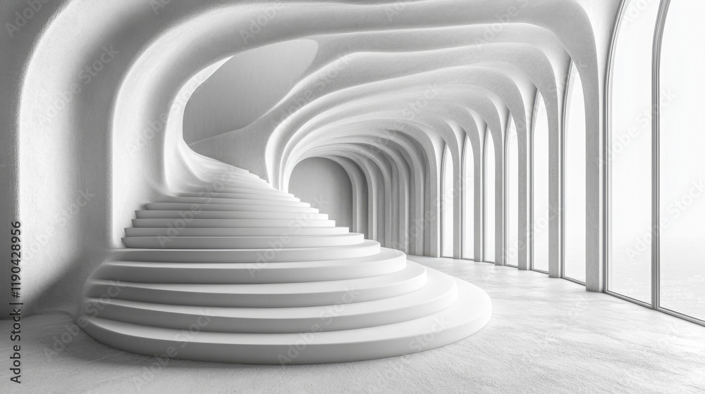 Obraz premium Modern architectural design featuring a spiral white staircase in an open airy space with large windows overlooking a scenic view