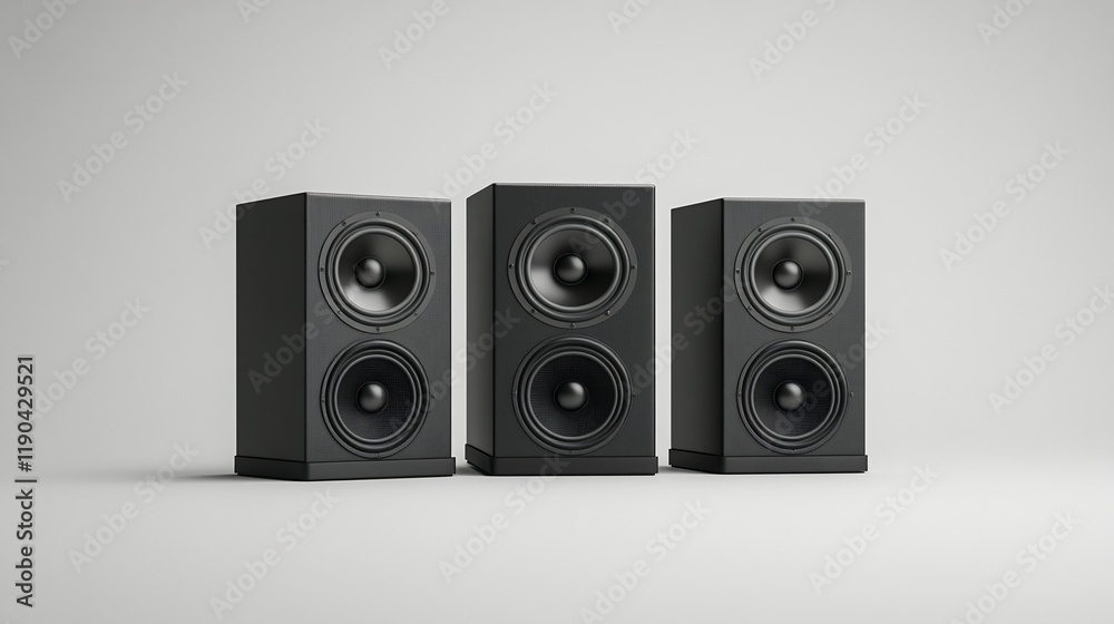 Three black bookshelf speakers on white background. Three black bookshelf speakers on white background.