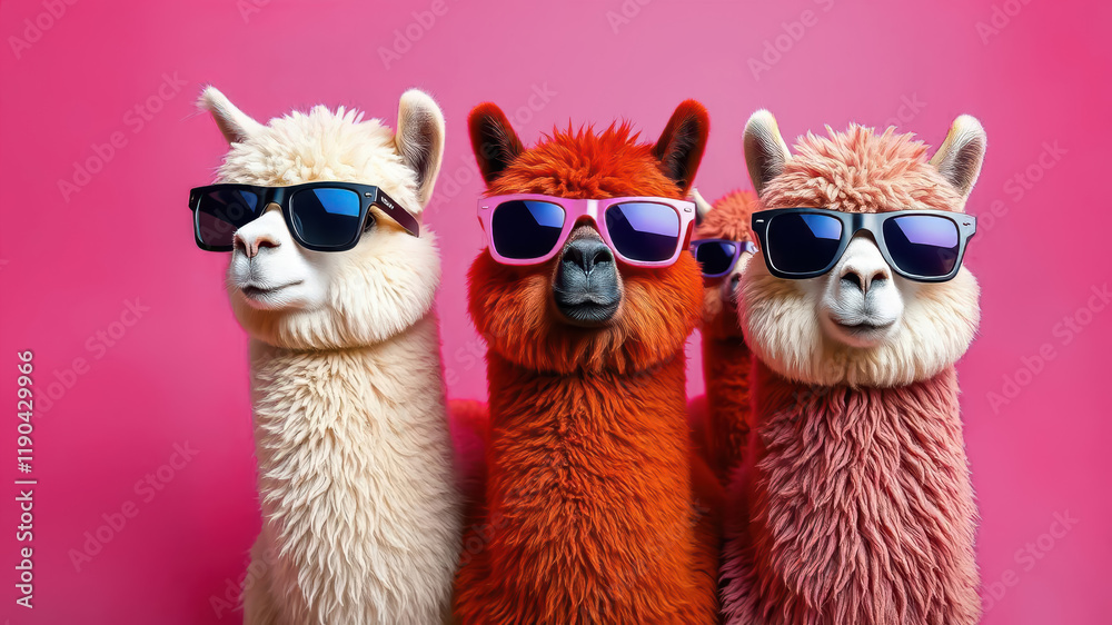 Fototapeta premium Group of Fluffy Alpacas Wearing Oversized Sunglasses on Pink Background