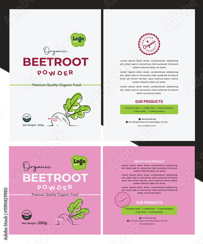 Minimalist beetroot supplement label with a simple pouch bag and elegant eco-design focused on health benefits, ldeal for vegan and vegetarian consumer product packaging.