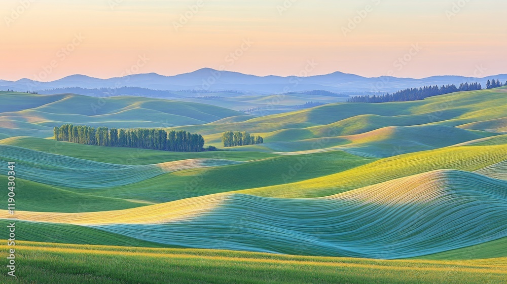 Fototapeta premium Rolling Green Hills Under a Pastel Sky at Sunrise