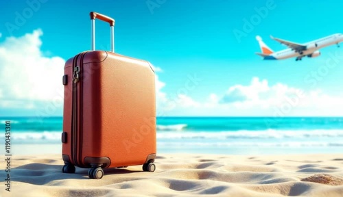 Tropical Vacation: Suitcase on Sandy Beach with Airplane Overhead. High quality 4K Footage