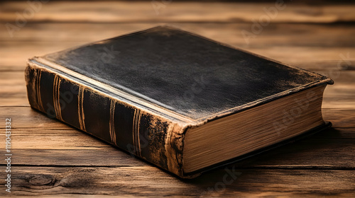 Hardcover book mockup with a hand on a wooden table photo