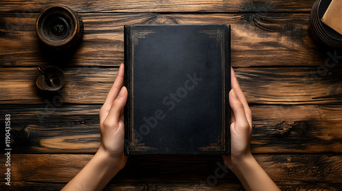 Hardcover book mockup with a hand on a wooden table photo