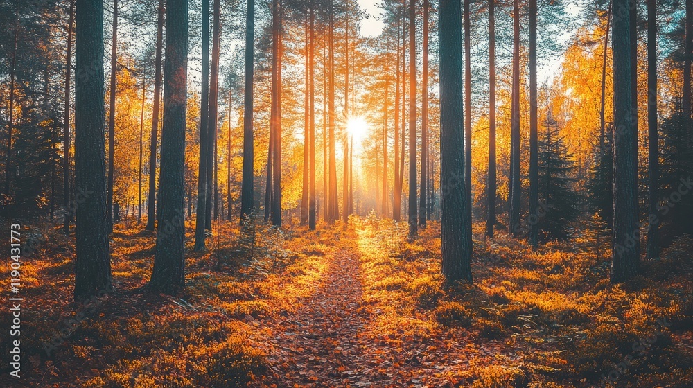 Obraz premium Autumn Sunlight Illuminates Forest Path Through Trees