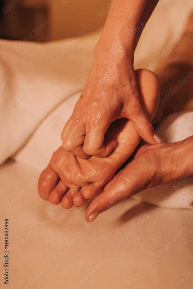The hands of a chiropractor are massaging the leg of a young woman lying on a massage table. Physiotherapy treatment concept, neck pressure point. Wellbeing. No focus blurred The hands of a chiropractor are massaging the leg of a young woman lying on a massage table. Physiotherapy treatment concept, neck pressure point. Wellbeing. No focus blurred
