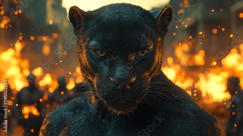 Powerful black panther amidst fire and chaos.