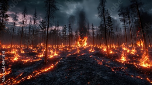 A dramatic landscape of a forest fire engulfing trees and terrain.
