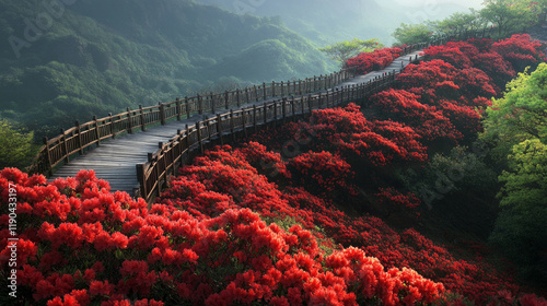 Vibrant azaleas cover the mountain with a scenic wooden bridge AI generative.. photo