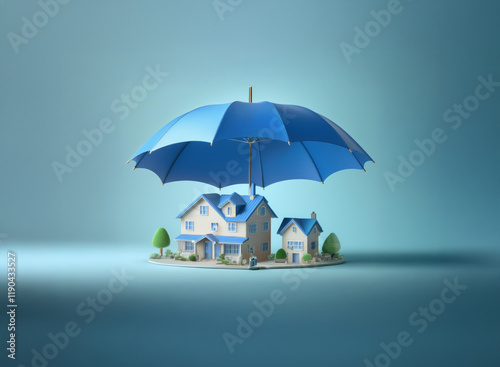 Wallpaper Mural A blue umbrella shelters two miniature houses, symbolizing home protection and insurance against unforeseen circumstances.  The scene evokes security and peace of mind. Torontodigital.ca