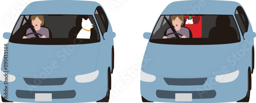 乗用車の犬のペットボックス.助手席に座る犬.運転する女性のイラスト