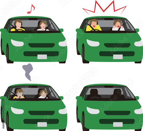 乗用車を運転する人.驚く運転手と助手席の女性.呆然とするイラスト